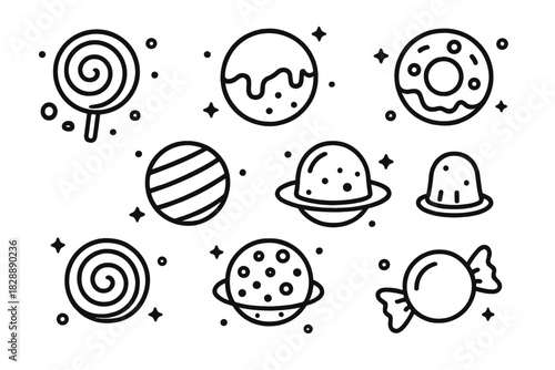 Whimsical sweet space planets and cosmic confectionery treats in outline