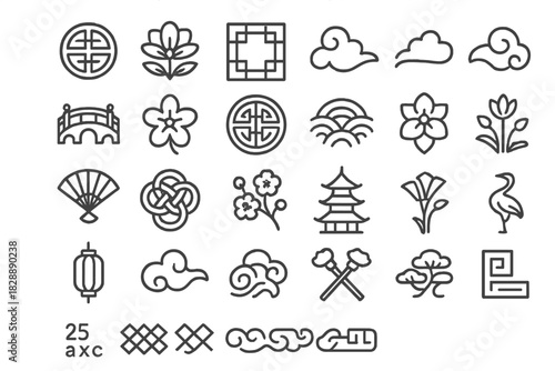 Traditional Asian culture icons with flowers, clouds, pagoda, fan, and geometric patterns