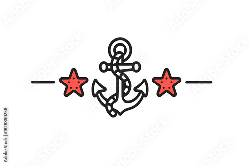 Nautical anchor symbol with rope detail flanked by decorative red stars and horizontal lines