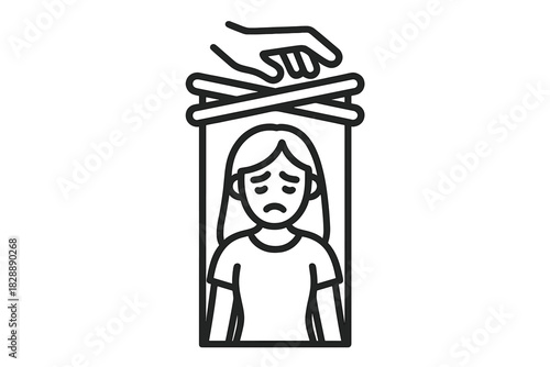 Hand placing crossed bars over a sad woman's face symbolizing censorship and oppression