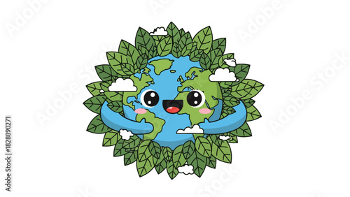 A cartoon earth character with green leaves and clouds hugs itself