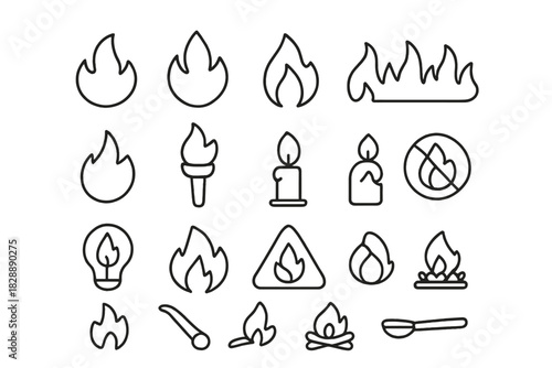 Minimalist outline symbols for fire, burning, warning signs, and heat sources