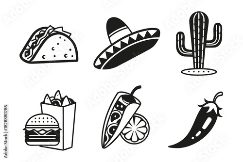 Minimalist mexican food icons set black and white