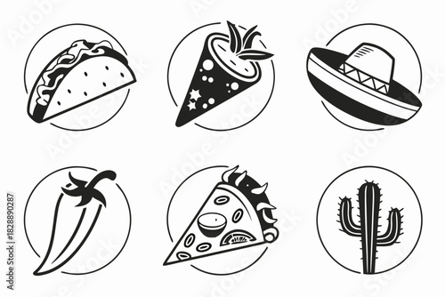 Minimalist mexican food icons set black and white