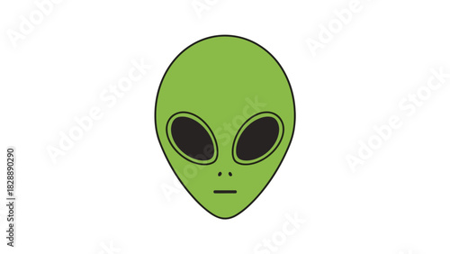 A cartoon green alien head with large black eyes and a small mouth