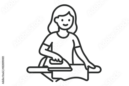 Smiling woman pressing clothes with a hot iron on an ironing board during household chores