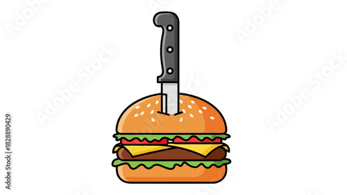 A cartoon hamburger with a knife stuck in the top bun
