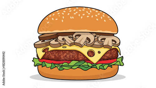 A cartoon hamburger with a bun patty cheese mushrooms tomato and lettuce