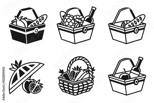 Six minimalist picnic basket icons for design projects