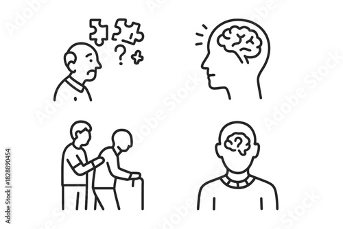 Line icons representing cognitive decline, memory loss, brain function, and senior care support
