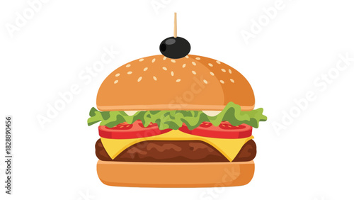 A cartoon hamburger with a skewer and olive on top