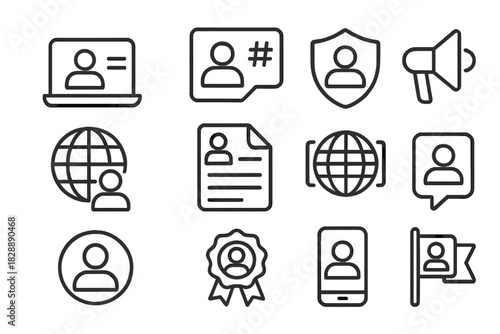 Outline icons set for user profile, social media, security, and global communication concepts