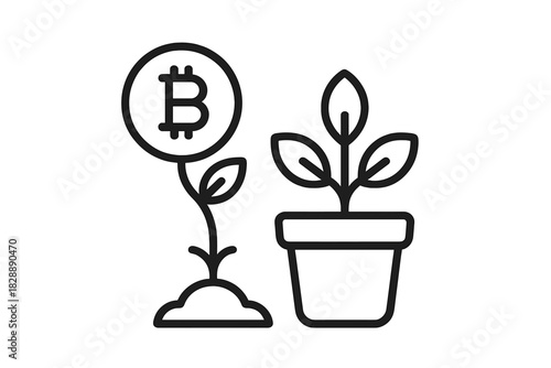 Cryptocurrency growth concept showing a digital currency symbol on a plant stem