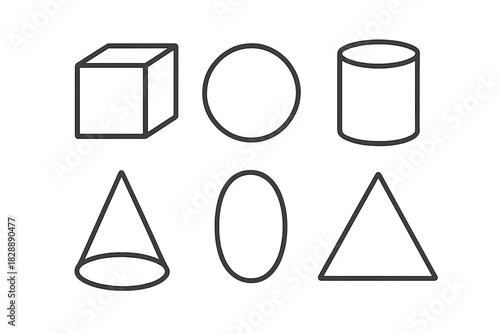 Basic geometric shapes and three dimensional solids outlines set for education and design projects