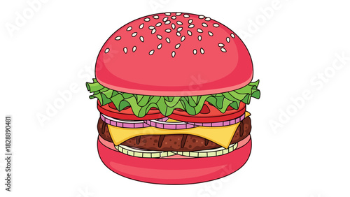 A cartoon hamburger with a pink bun