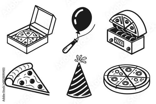 Minimalist pizza party icon set for food and events