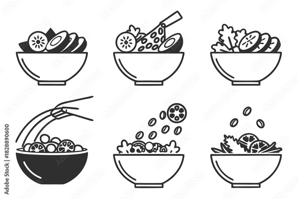 Obraz premium Minimalist black salad bowl icons set