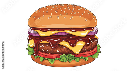 A cartoon hamburger with sesame seed bun cheese onions and lettuce