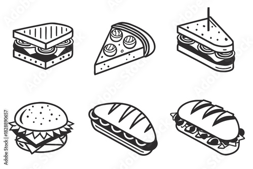 Minimalist black sandwich food icons set