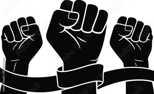 Three raised clenched fists in solidarity, connected by a black ribbon, symbolizing unity, protest, and rebellion