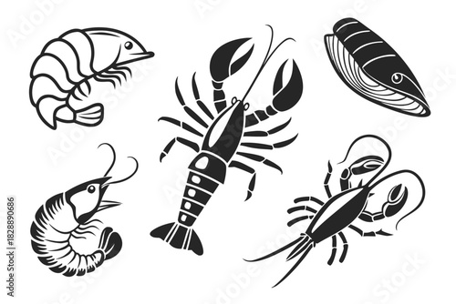 Minimalist seafood icons set black vector graphics