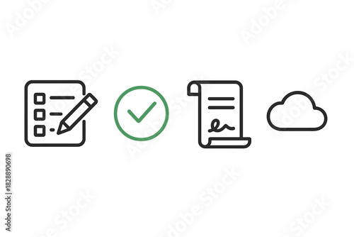 Digital workflow icons for online documentation, task completion, agreement, and data storage