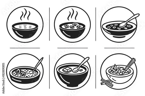 Minimalist soup and stew icons set black and white