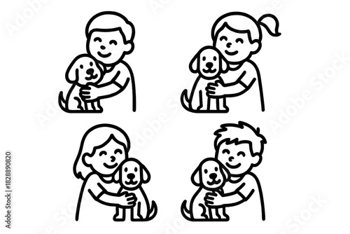 Set of four simple outline icons depicting smiling children hugging their beloved small pet dogs