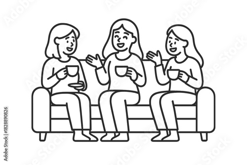 Three female friends sitting on a sofa enjoying hot drinks and engaging in lively discussion
