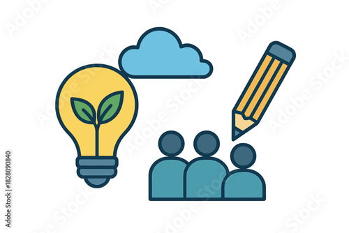 Conceptual symbols for business strategy, teamwork, creative thinking, and sustainable development