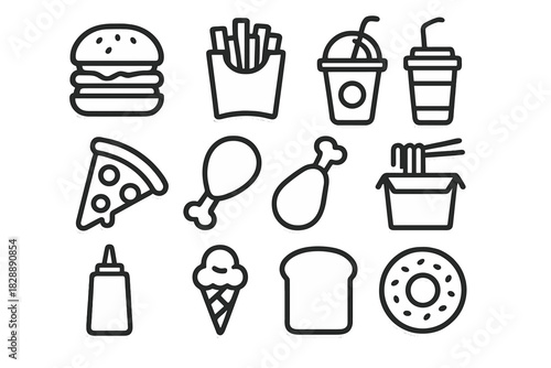 Minimalist black outline symbols depicting popular fast food, snacks, and desserts