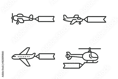 Set of line art icons showing various aircraft and helicopters pulling blank advertising banners