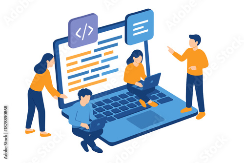 Software development team collaborating on laptop screen with code symbols