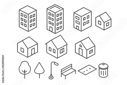Isometric line icons featuring city buildings, residential homes, park elements, and street objects