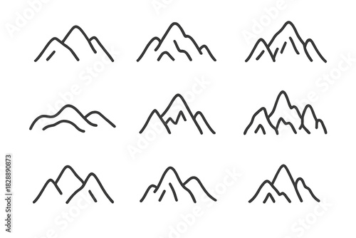 Nine simple hand drawn mountain range icons and peaks set in outline style