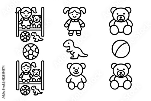 Minimalist black and white set of children's toys and playtime objects for kids