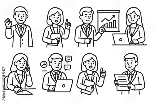 Set of business people avatars showing various activities and communication gestures