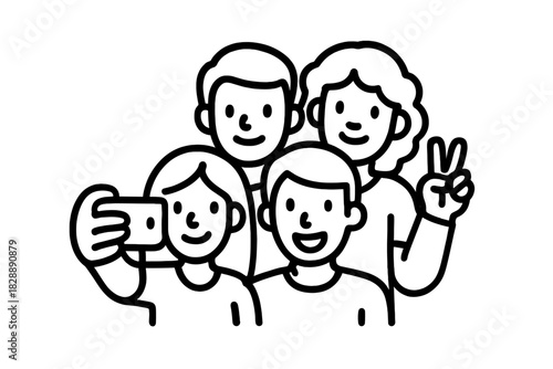 Four happy friends taking a group selfie photo with a mobile phone and making a peace sign