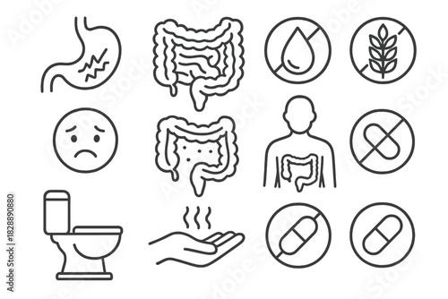 Irritable bowel syndrome, stomach cramps, and food intolerance symptoms set