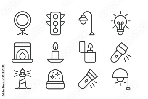 Set of outline icons showing light sources like street lamps, traffic signals, ring lights, and electric bulbs