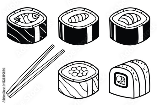 Minimalist black sushi rolls icon set