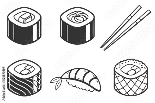 Six minimalist sushi roll icons in black and white