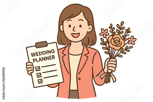 Happy professional woman holding a wedding planning checklist and a floral arrangement