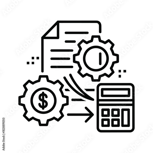 Financial calculation process with document, gears, and calculator, isolated on