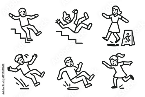 Safety pictograms of people falling down stairs and slipping on wet floors