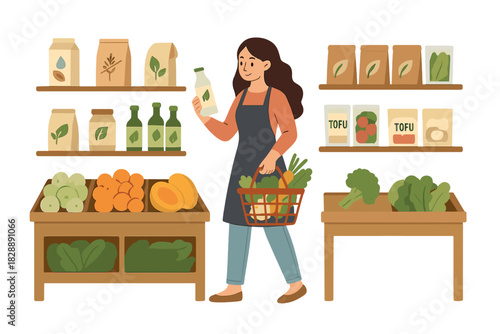 Woman shopping for organic vegan groceries holding plant milk and fresh produce in supermarket aisle