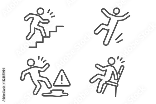 Workplace and home safety hazards showing falling, slipping, and tripping accidents