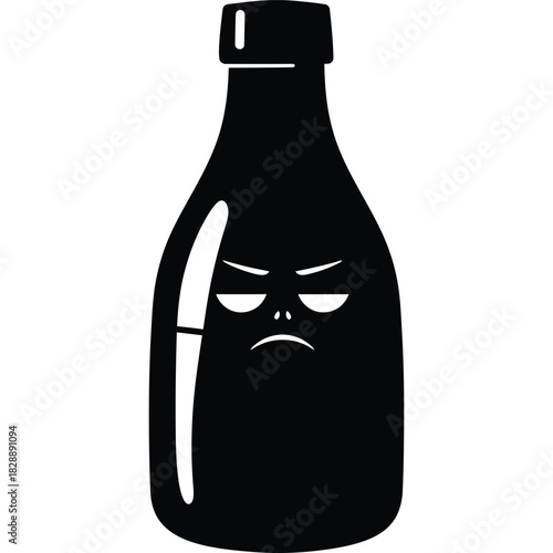 Grumpy Bottle Cartoon Character in Black and White angry face illustration vector minimalist design drink