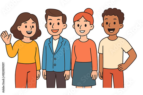 Four diverse young adults standing side by side smiling, one woman waving hand