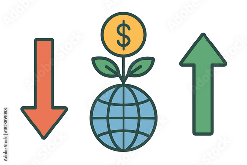 Dollar plant growing from globe symbolizing worldwide economic fluctuation and market trends